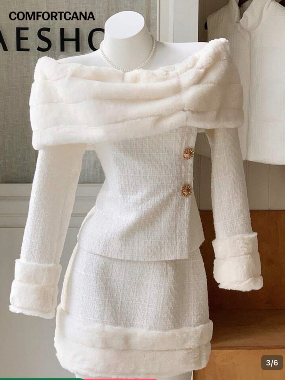 White Faux-Fur Trim Tweed Mini Skirt and matching top - Picture 3 of 6